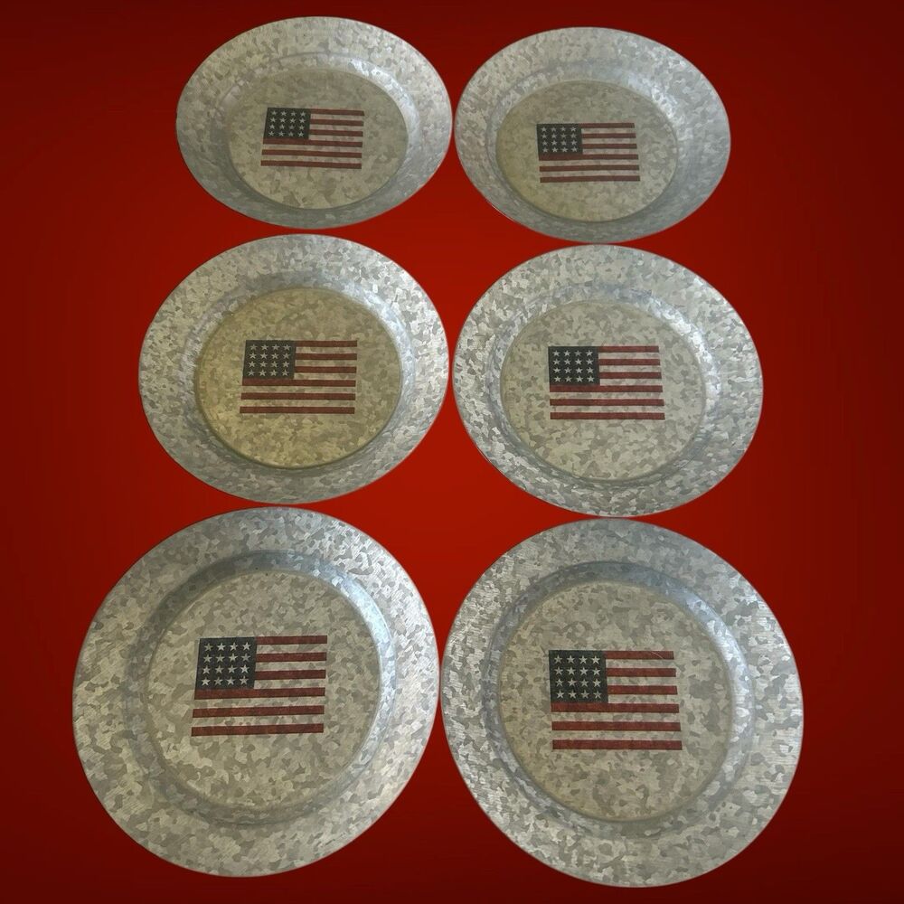 Set Of 6 Pottery Barn Discontinued American Flag Galvanized Metal 9” Plates New - Picture 5 of 10
